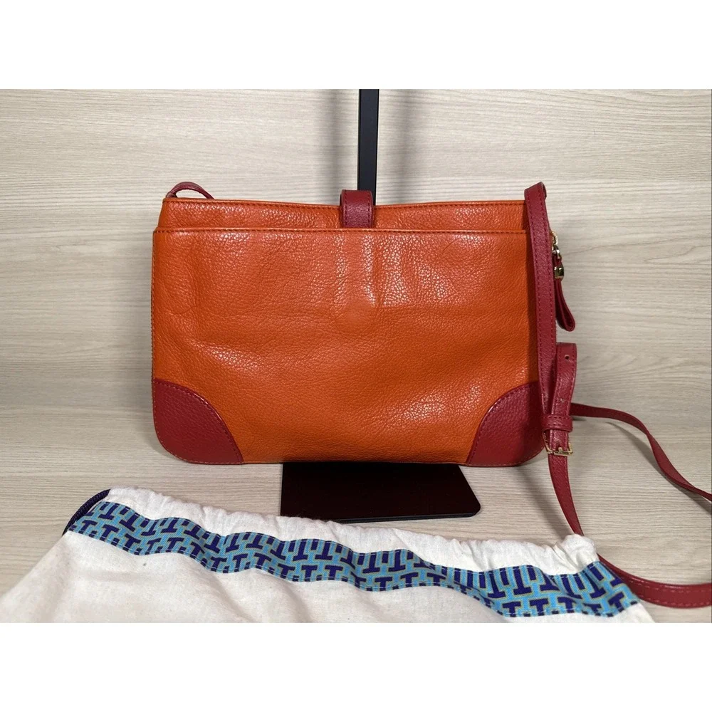 Tory Burch Pebbled Leather Crossbody‎ Bag Orange Red Leather Gold Expandable
